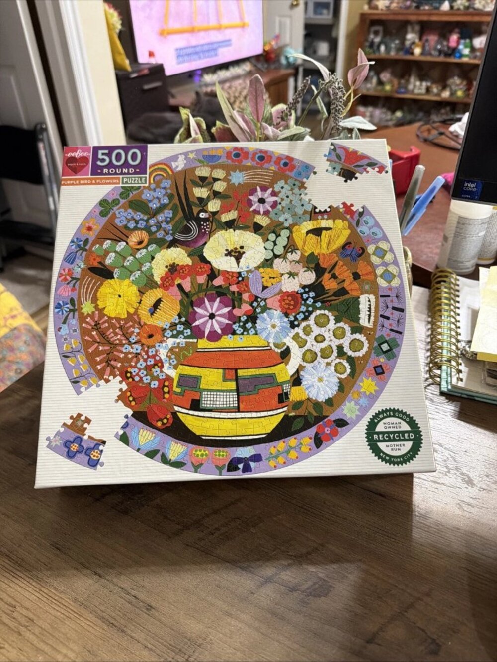 eeBoo Piece & Love Purple Bird and Flowers 500 Large Piece Round Puzzle - SEALED